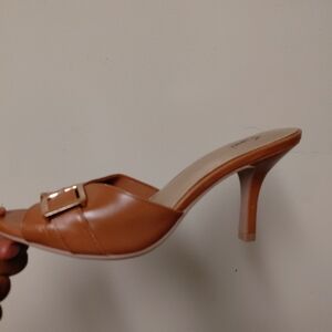 Fioni Camel Colored Brown Faux Leather Buckle Open Toe Heeled Mules 6